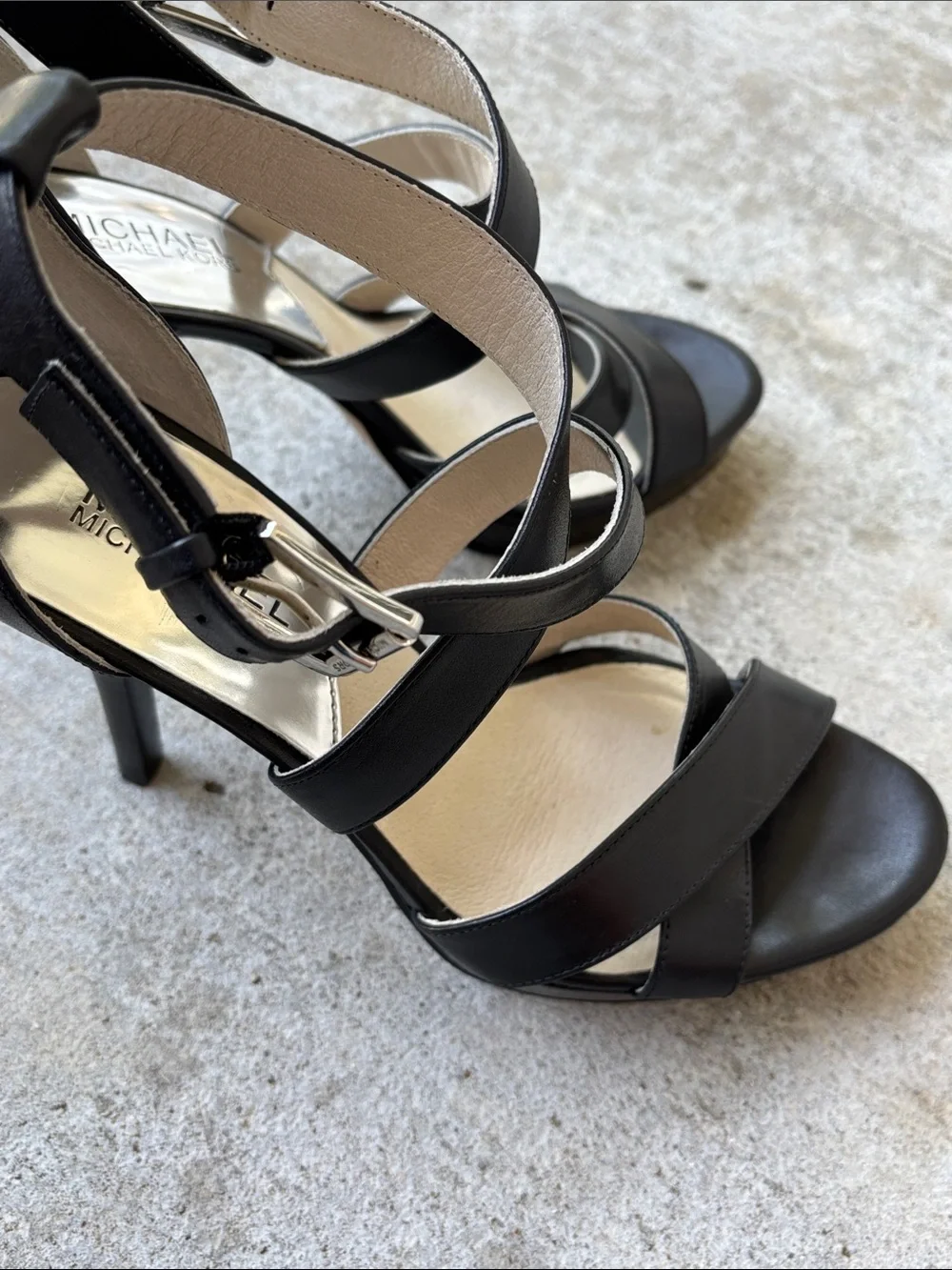 MICHAEL Michael Kors Evie Platform Black Leather Strappy High Heel Sandals